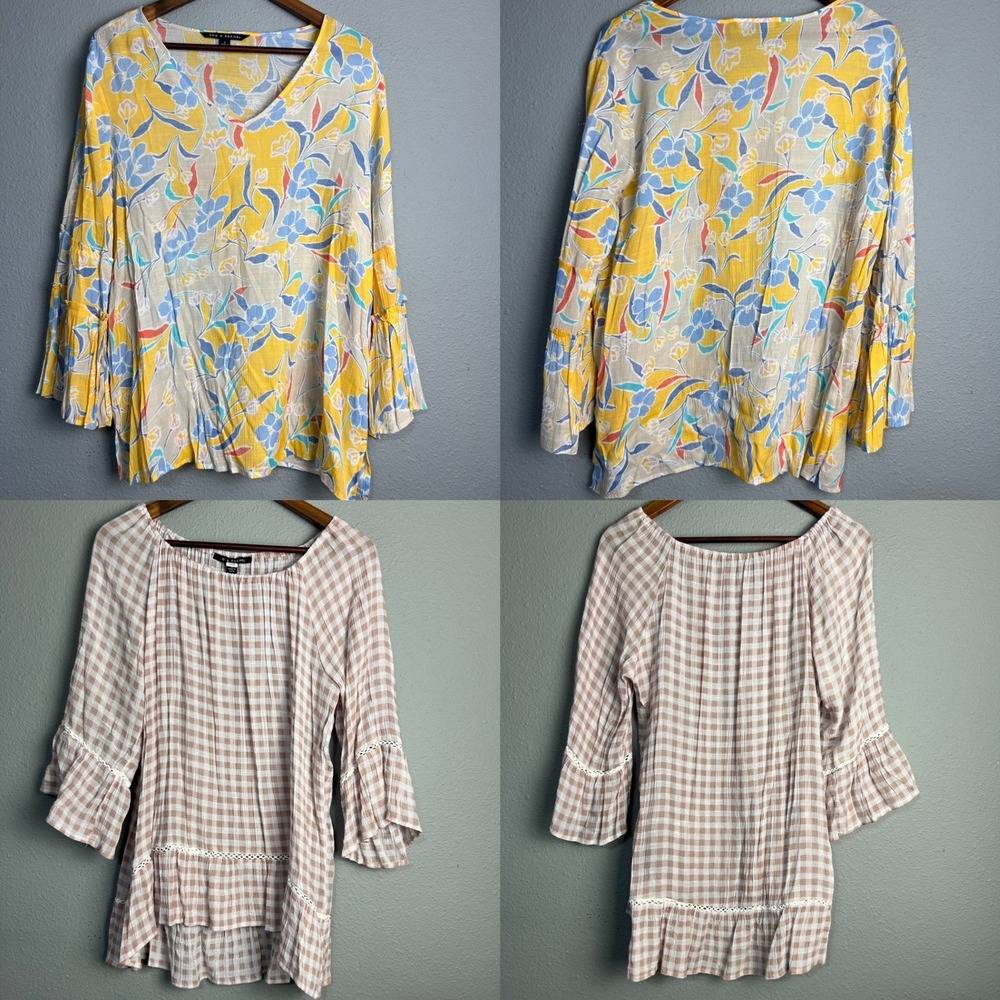 Lot of 2 Zac & Rachel Flowy‎ Floral Bell Sleeve Blouse V Neck Top Bohemian Sz L